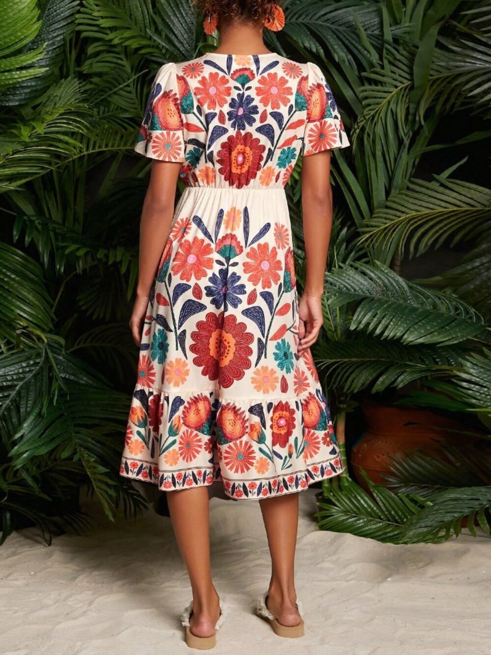 Multicolor Boho Women's Floral Print Butterfly Sleeve midi Dress - Picture 2 of 6